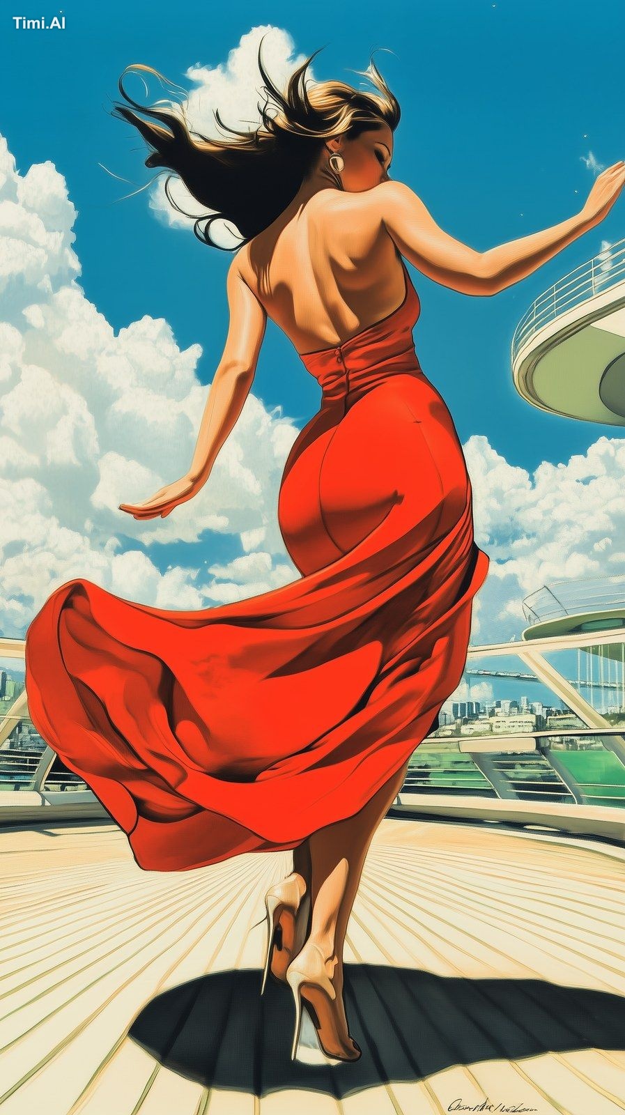 Woman, dancing outdoors with red long dress , in the style of Greg Hild…