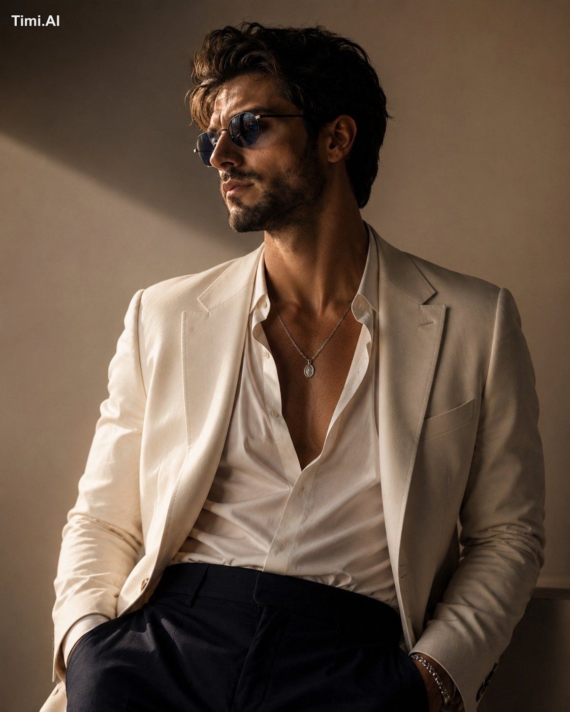 Transform this man into a high-fashion editorial icon with charisma, co…