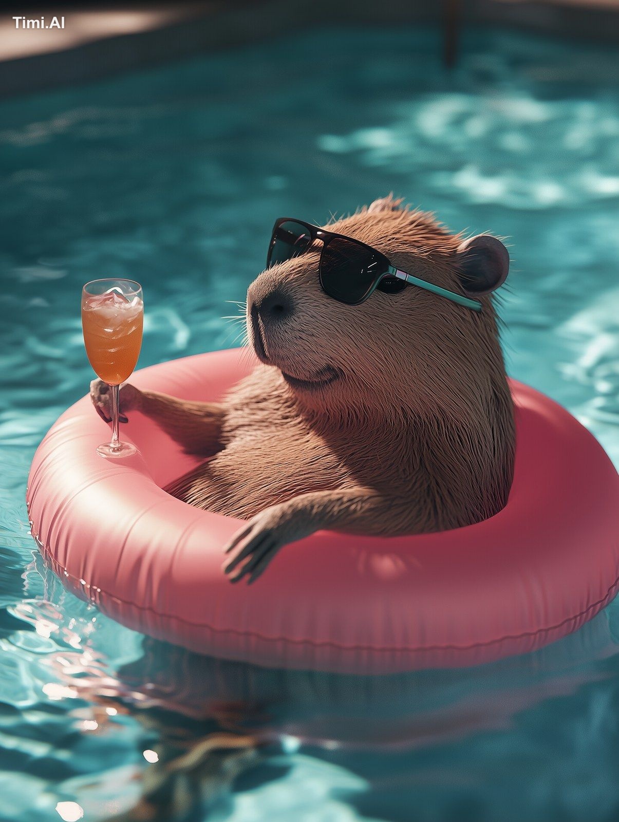 A capybara, in an inflatable pink flamingo ring, is relaxing in a pool …