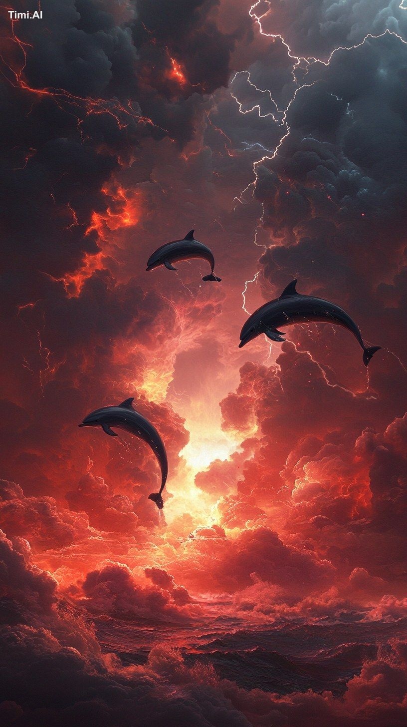 In the vast sea, dolphins rushed out of the sea, splashed water, and fl…