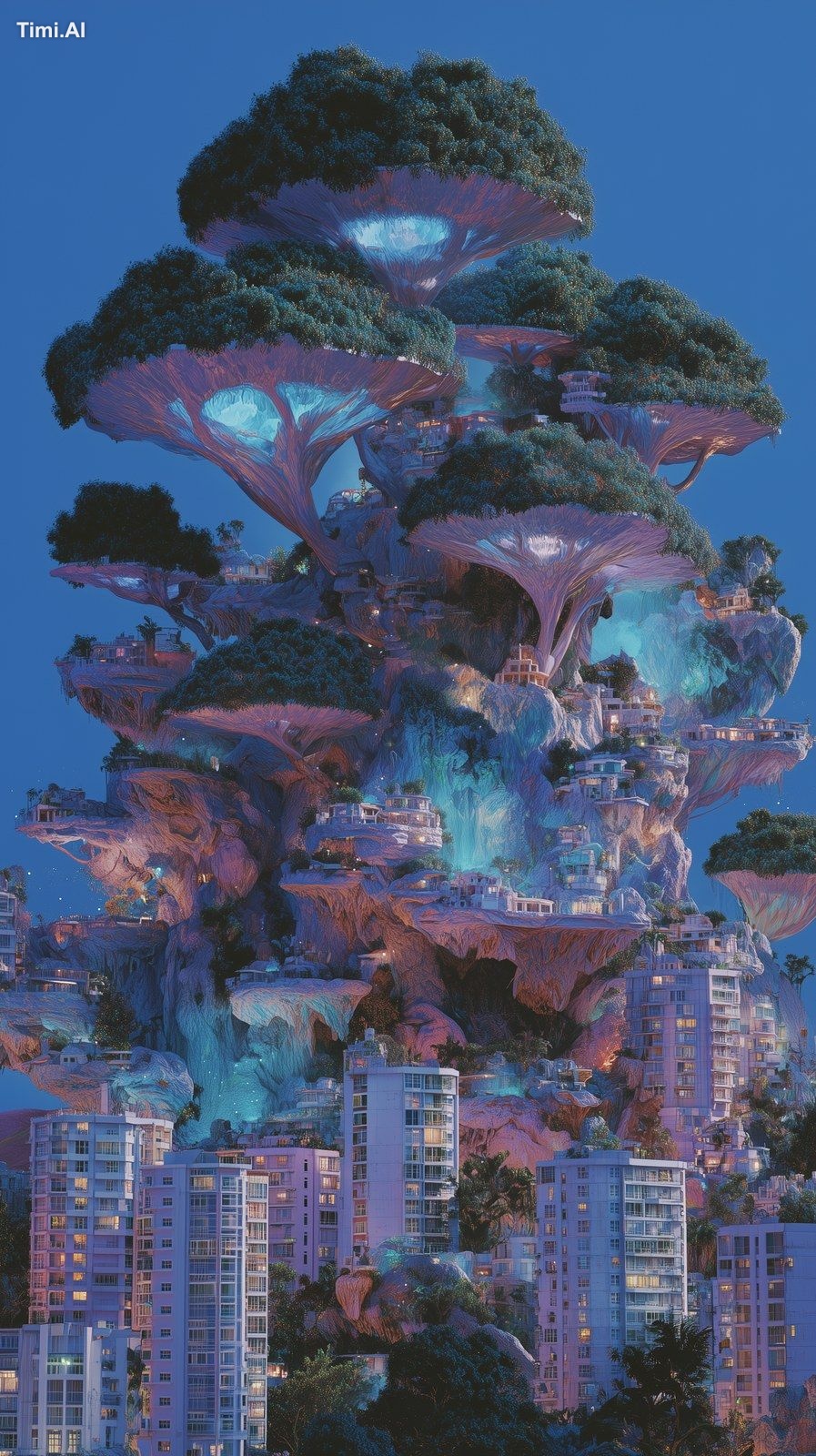 Buildings transform into organic beings, windows gaze like eyes toward …
