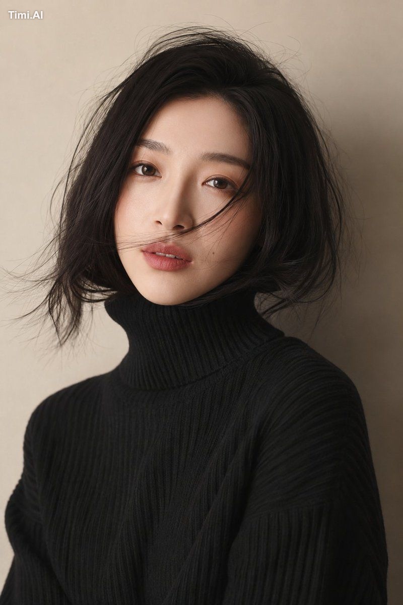创作一幅写实的竖幅特写美妆时尚人像，风格柔和简约，适合室内拍摄。画面中是一位东亚成年女性，镜头从上半身延伸至头顶，她位于画面中心偏右的位置，背…