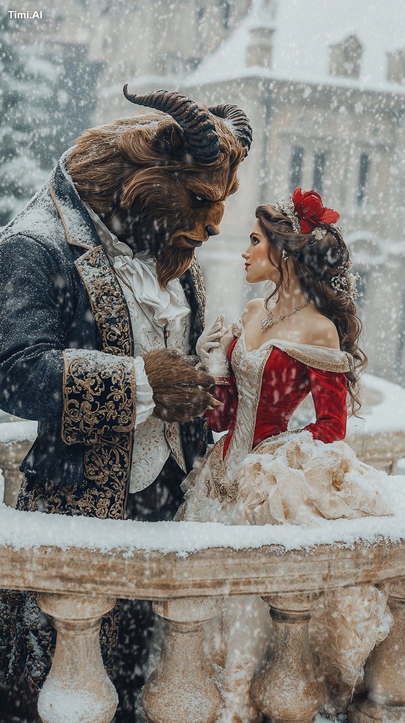 Photo of Dark-haired Belle and the Beast standing on a beautiful castle…