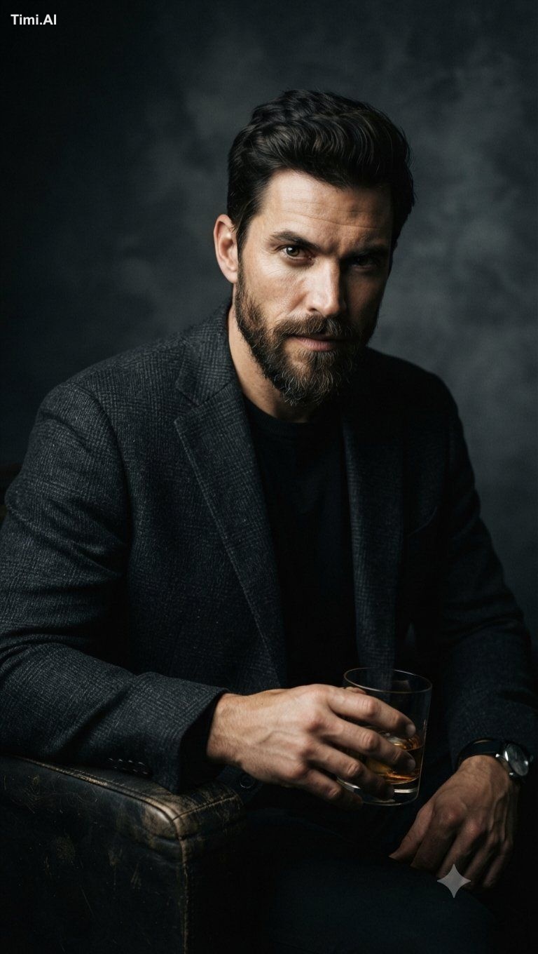 A high-quality, cinematic portrait of a sophisticated, handsome man wit…