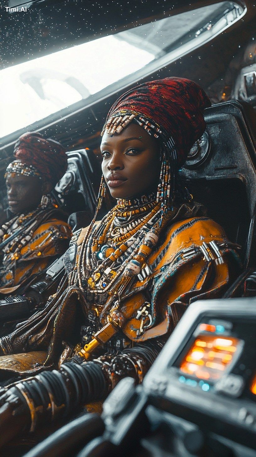 A close up shot of three Nigerian warriors seated inside a futuristic s…