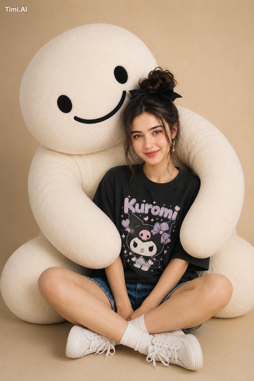 studio portrait, young woman sitting cross-legged, hugged by giant whit…