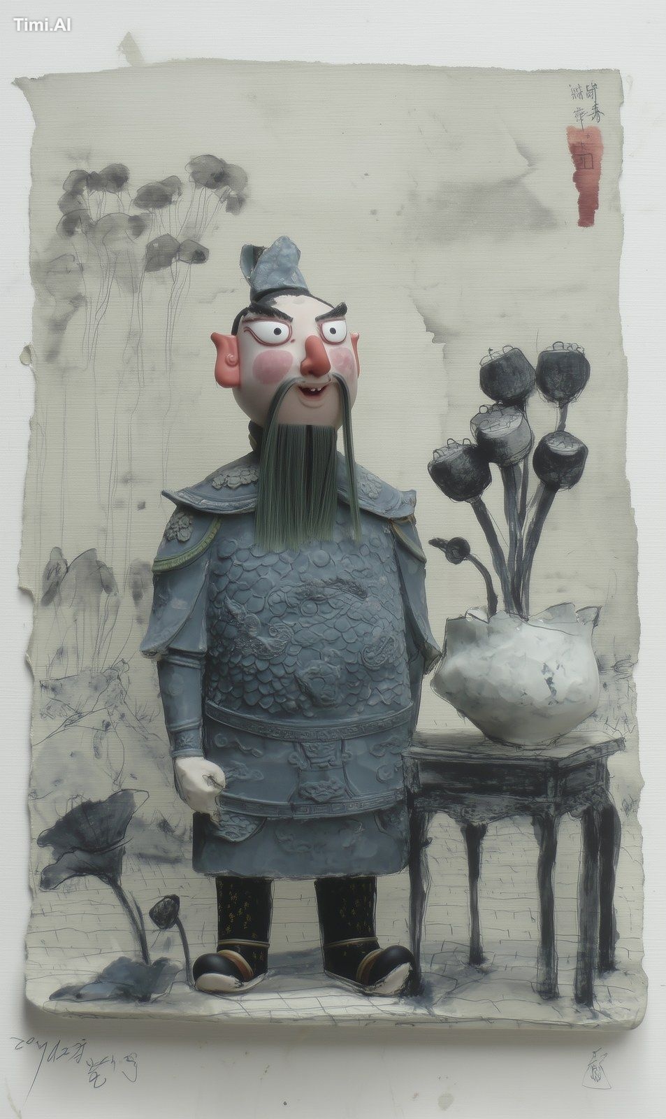 Another ancient Chinese door god, also in armored robes, stands behind …
