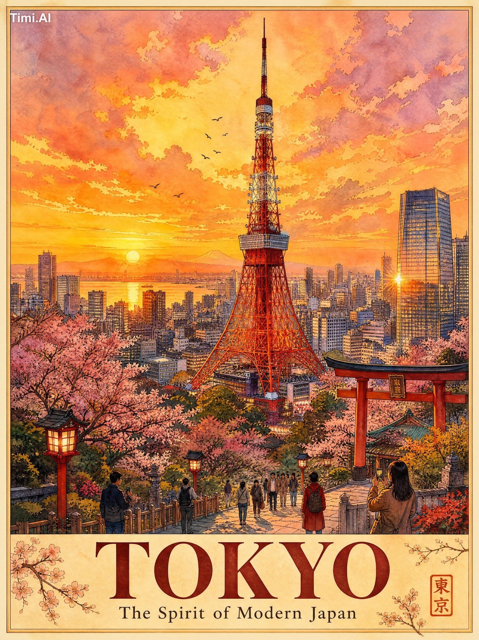 A stunning cinematic travel poster of Tokyo at golden hour sunset, in a…