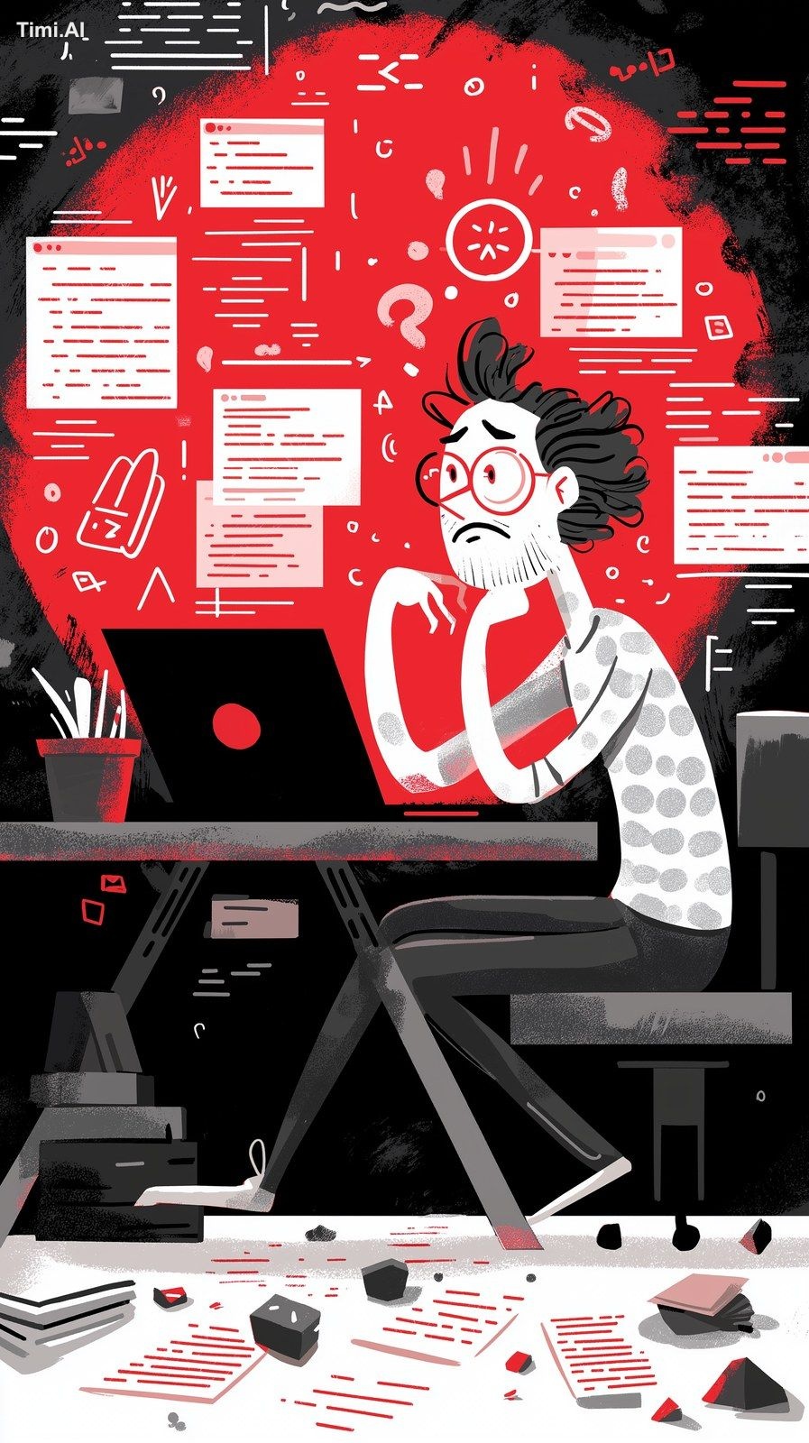 Vertical cartoon, frustrated programmer at laptop with red error screen…