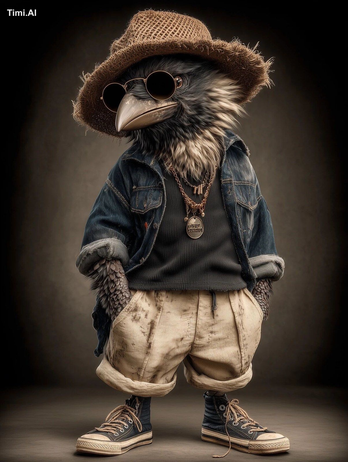 3D anthropomorphic crow with hat realistic skin texture and crow-like p…