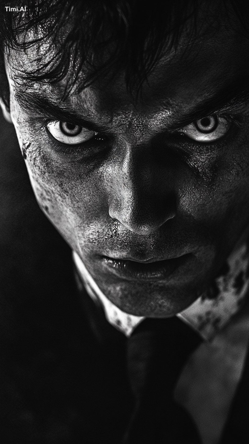 Create an eerie black and white portrait of a Man with intense, wide ey…