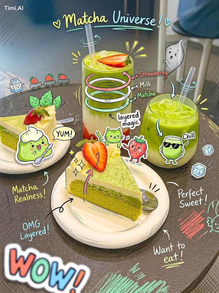 Create a vibrant, cozy café-style food photograph of three matcha drink… 1