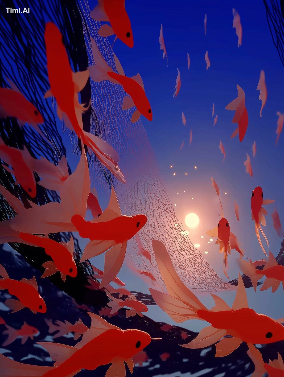 The fishing net is full of fish and shrimp, and the sun shines on the f…