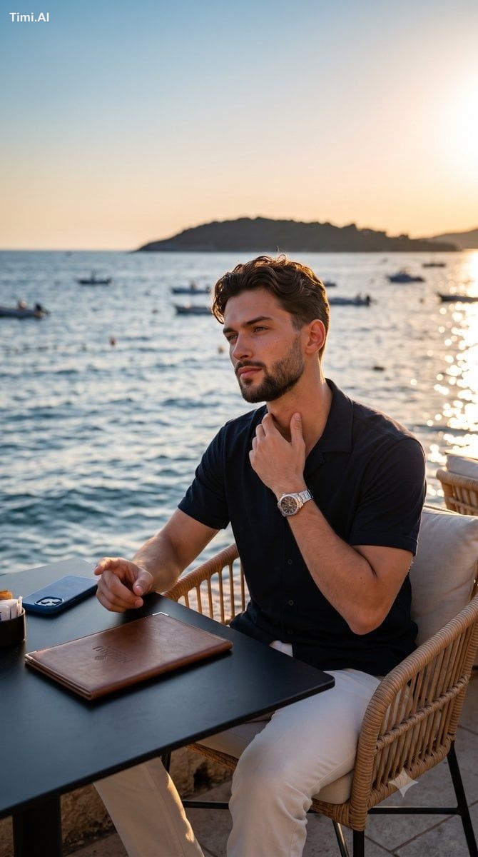 A candid, relaxed profile portrait of a young adult male seated and lea…