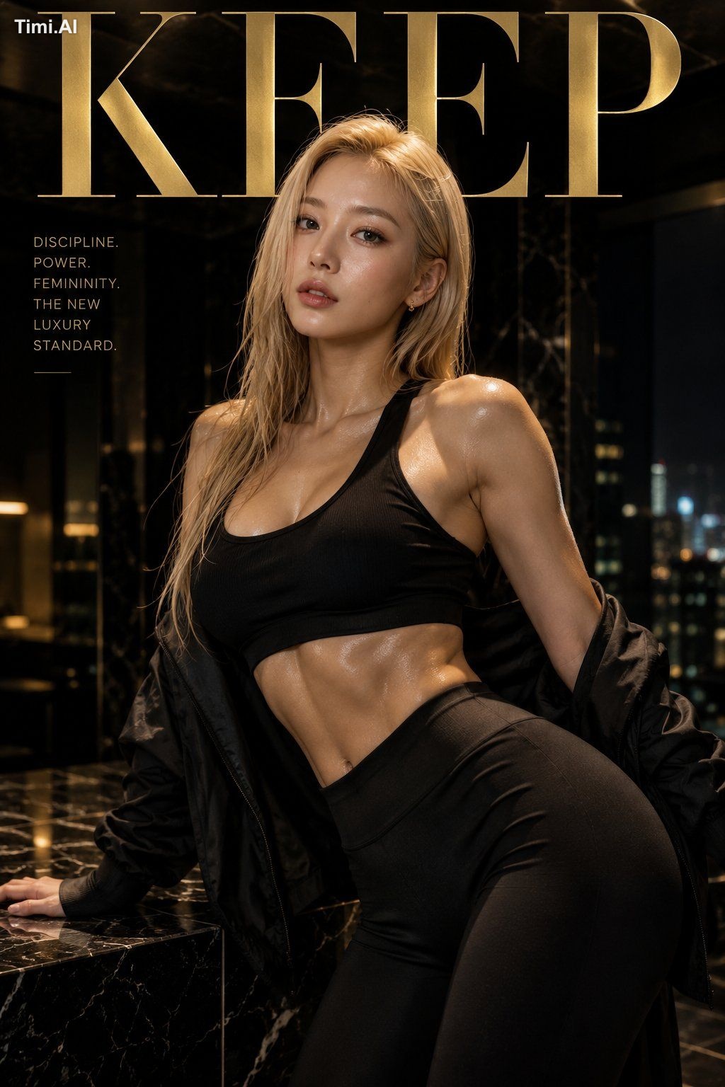 Ultra luxury cinematic fitness editorial poster, single-image luxury ca…