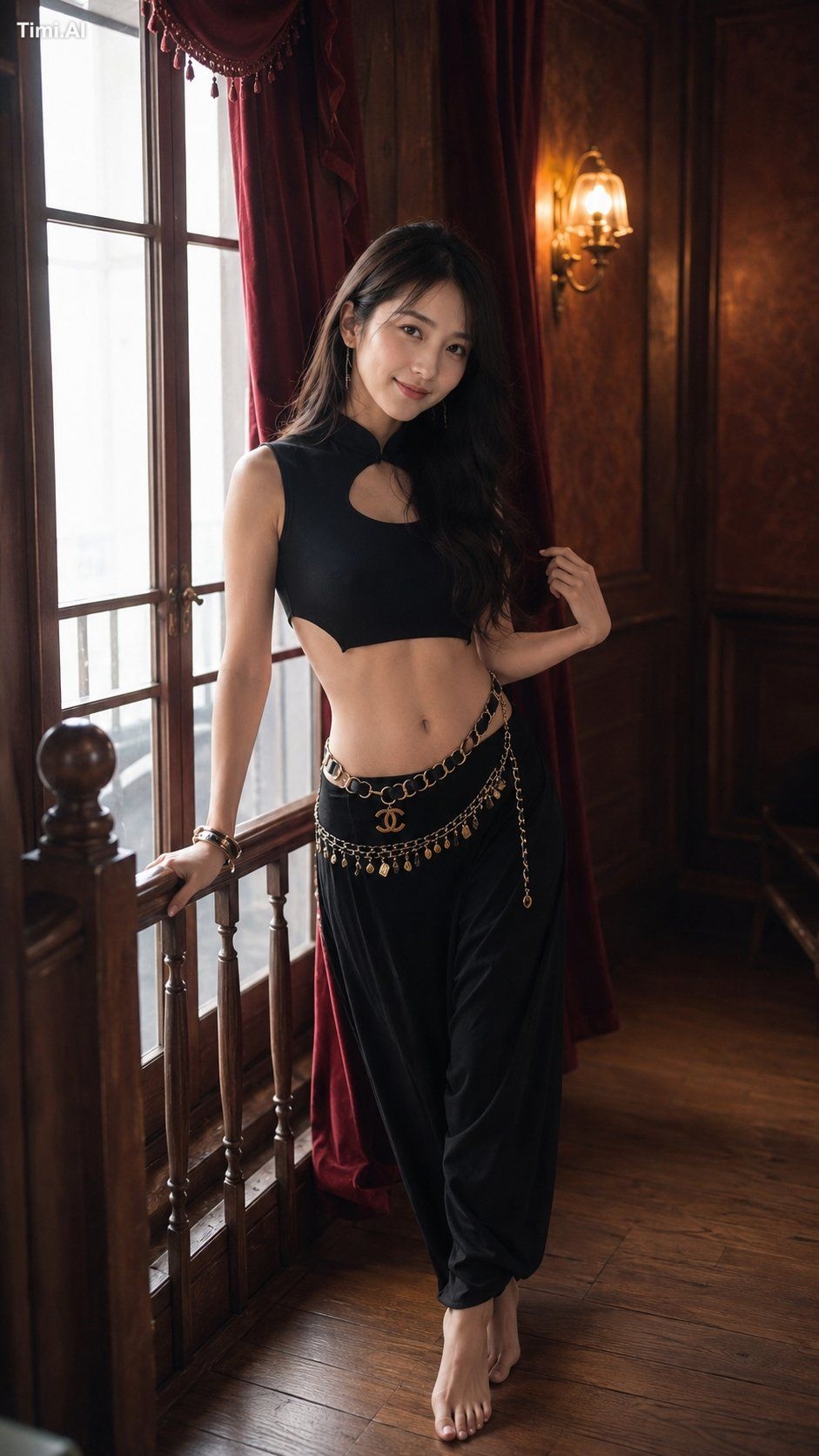 写实竖幅时尚写真人像，温暖复古豪宅室内。成年东亚女性，21岁以上，赤脚站立于精致木质楼梯扶手旁的光亮深色木质地板上。略偏右，从脚底至头顶全身取… 3