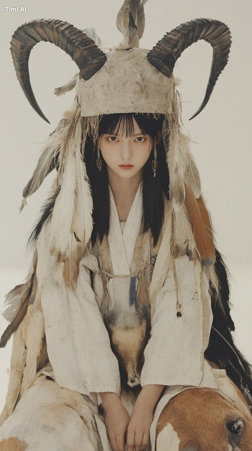 A beautiful Chinese model, wearing a feathered hat, horns on her head, …