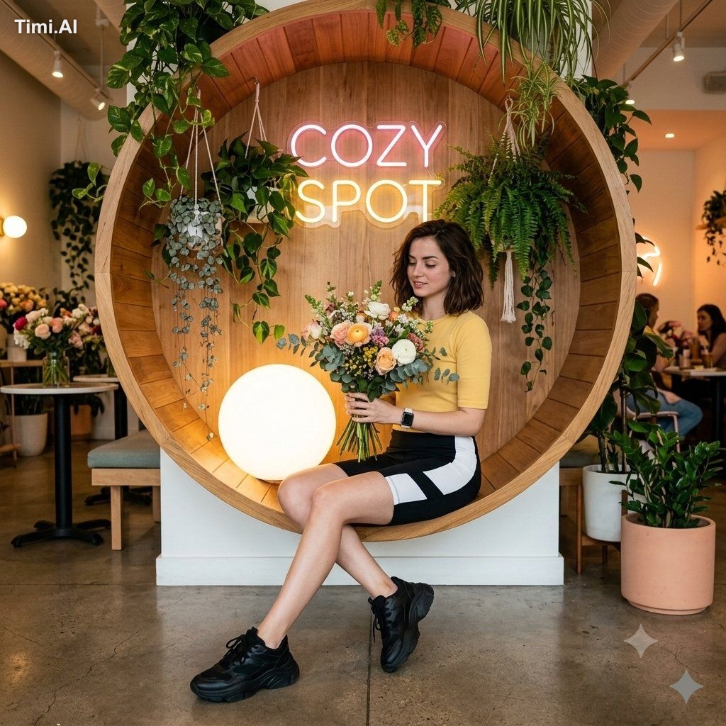 A young girl sitting in a circular wooden wall nook with hanging plants…