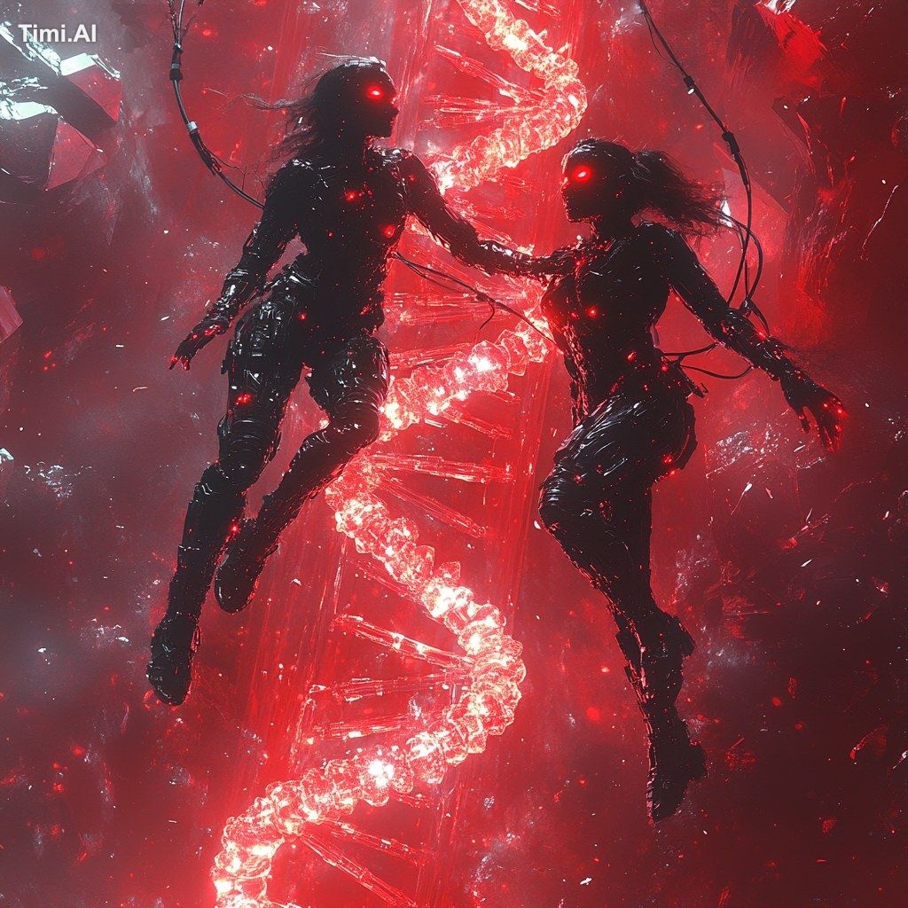 The DNA double helix spirals upward, surrounded by a red crystal struct…