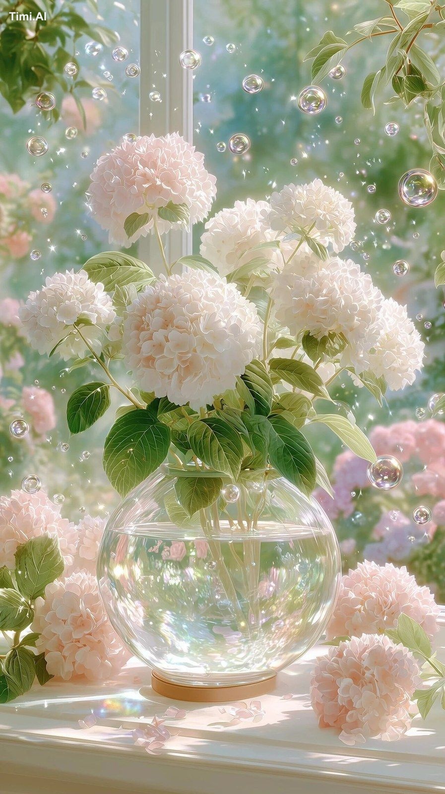 It's drizzling outside the window,hydrangea, soft and dreamy, radiant, …