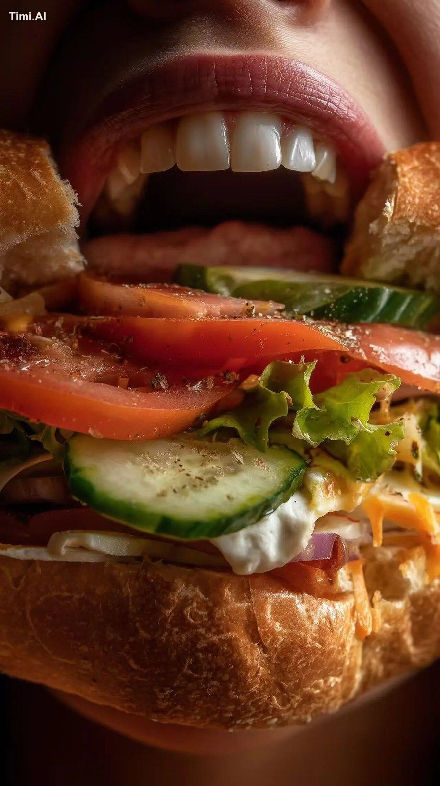 extreme close up of someone's mouth biting into a rustic, large sub san…