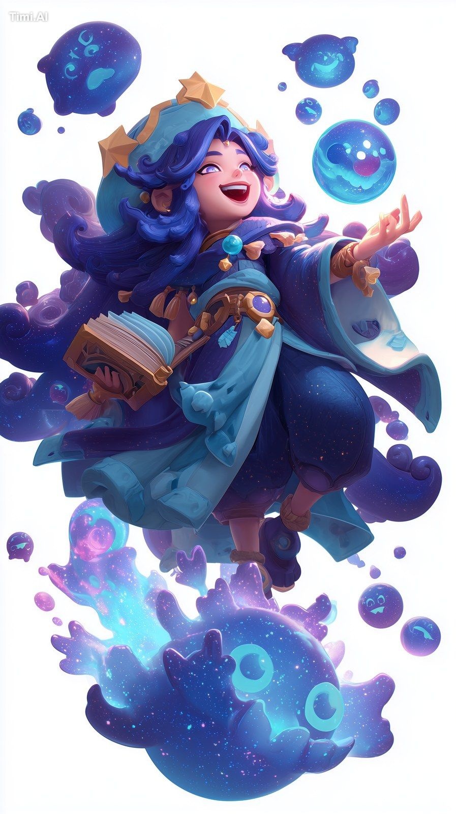 A female fortune teller in Clash Royale, with long hair, a big head, ha…
