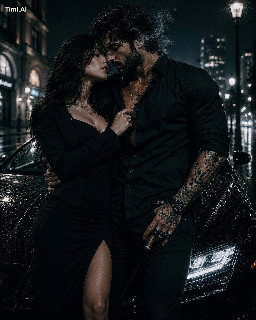 A breathtaking cinematic power couple standing beside a matte black lux…