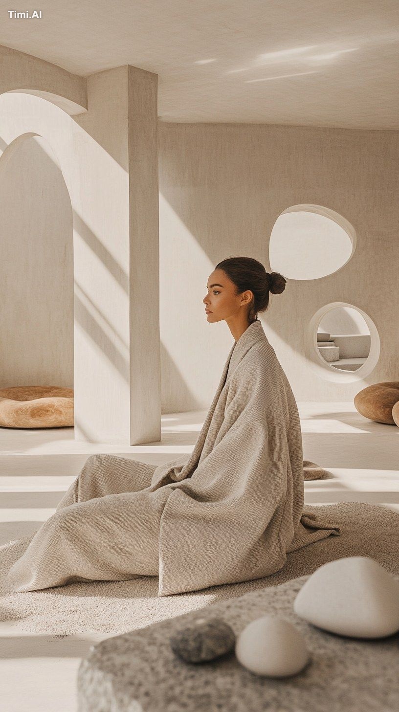 A stylish photorealistic image of a female model in a beige oversized m…