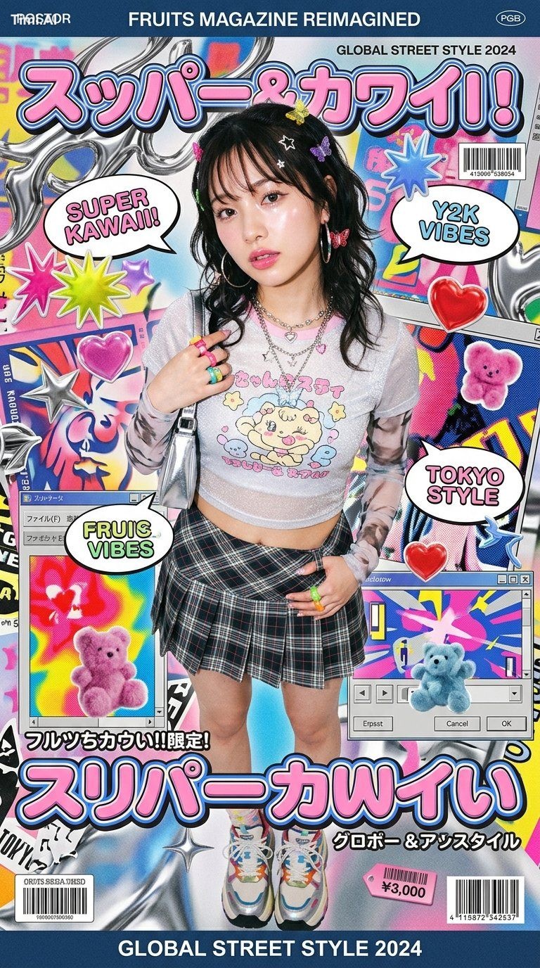 High-fashion kawaii Y2K editorial poster featuring a stylish young woma… 1