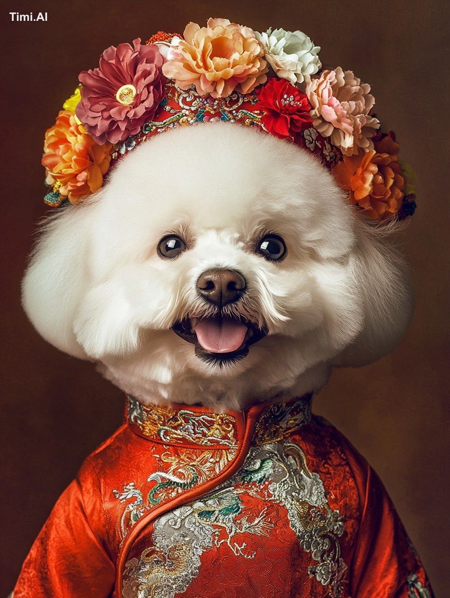 A white Bichon Frise dog wearing an ancient Chinese-style red dress, a …