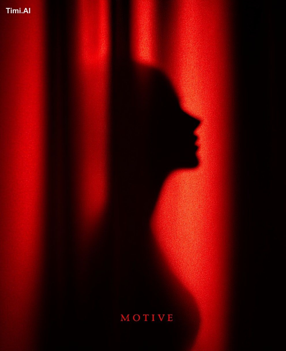 a shadow of the face and body is cast on red curtains, creating an intr…