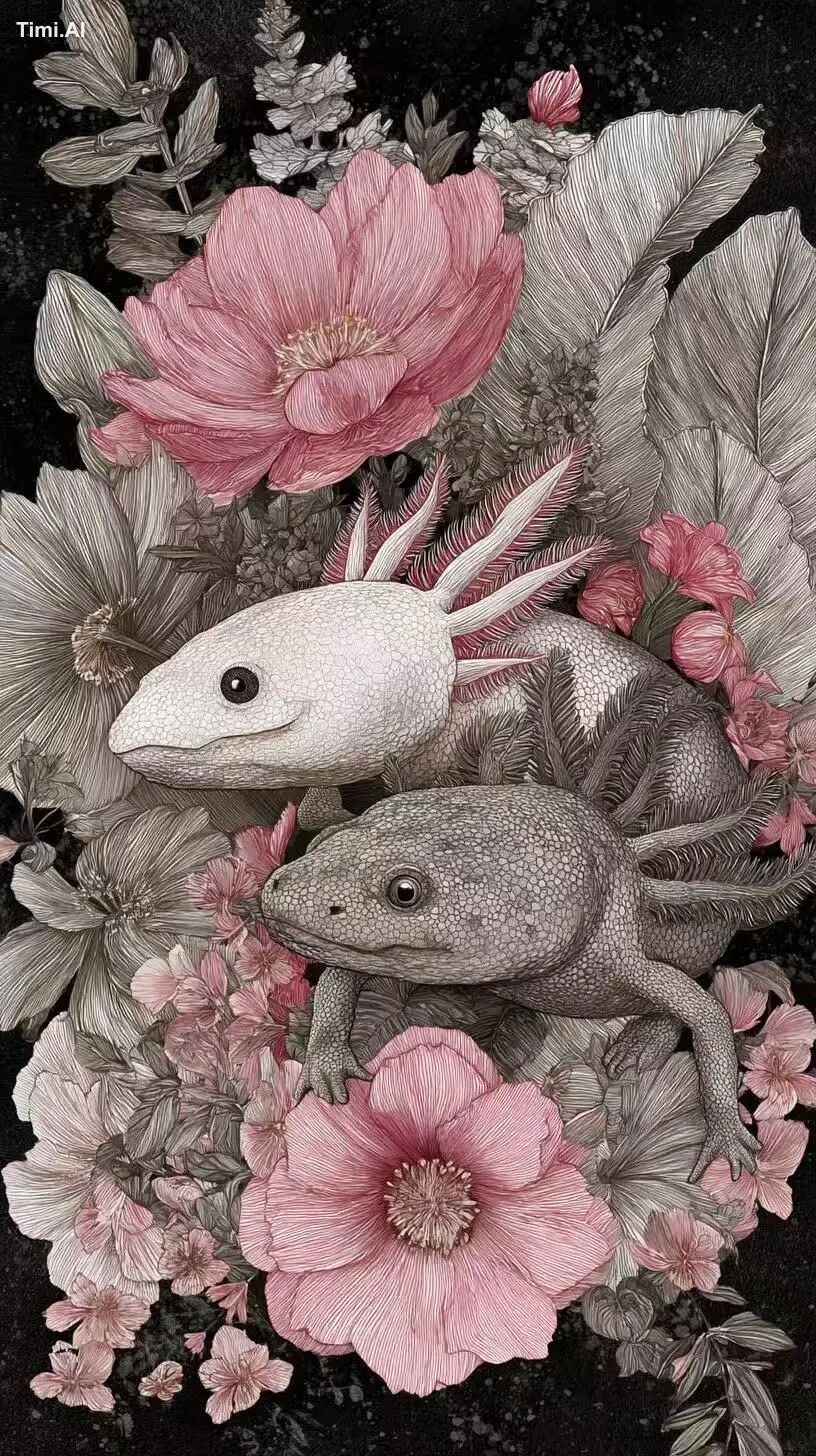 detailed illustration of female Axolotl and a male Axolotl. Getting mar…
