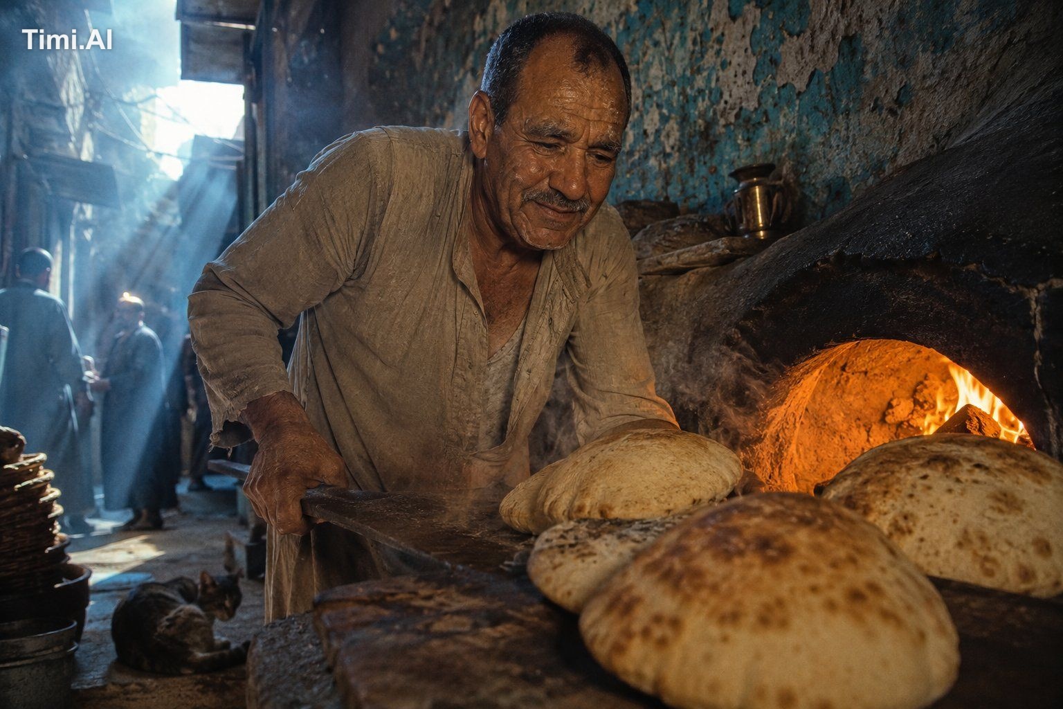 Busy traditional Egyptian bakery in a narrow Cairo alley at sunrise 197…