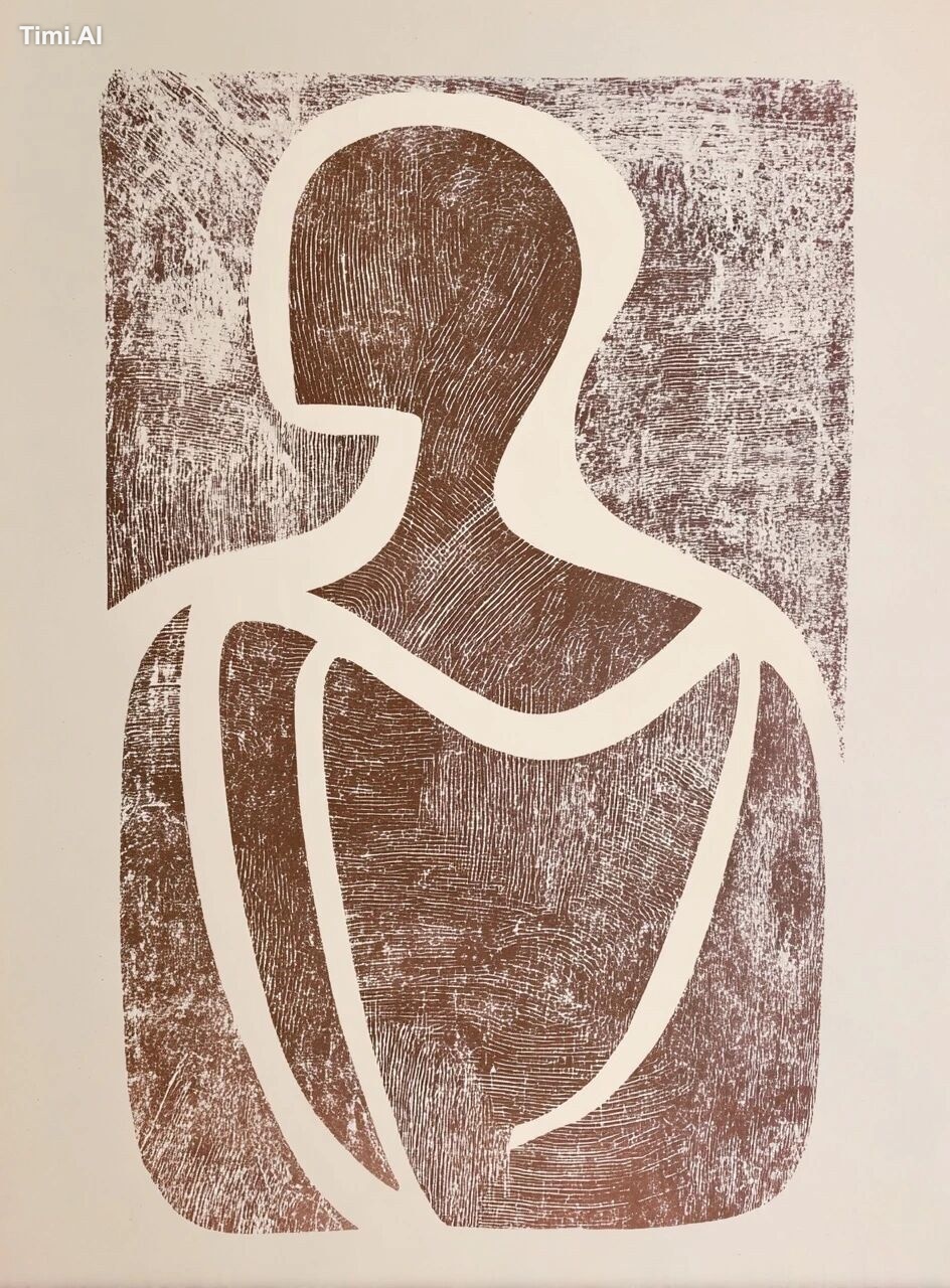The minimalist brown and white woodcut print depicts a woman's body wit…