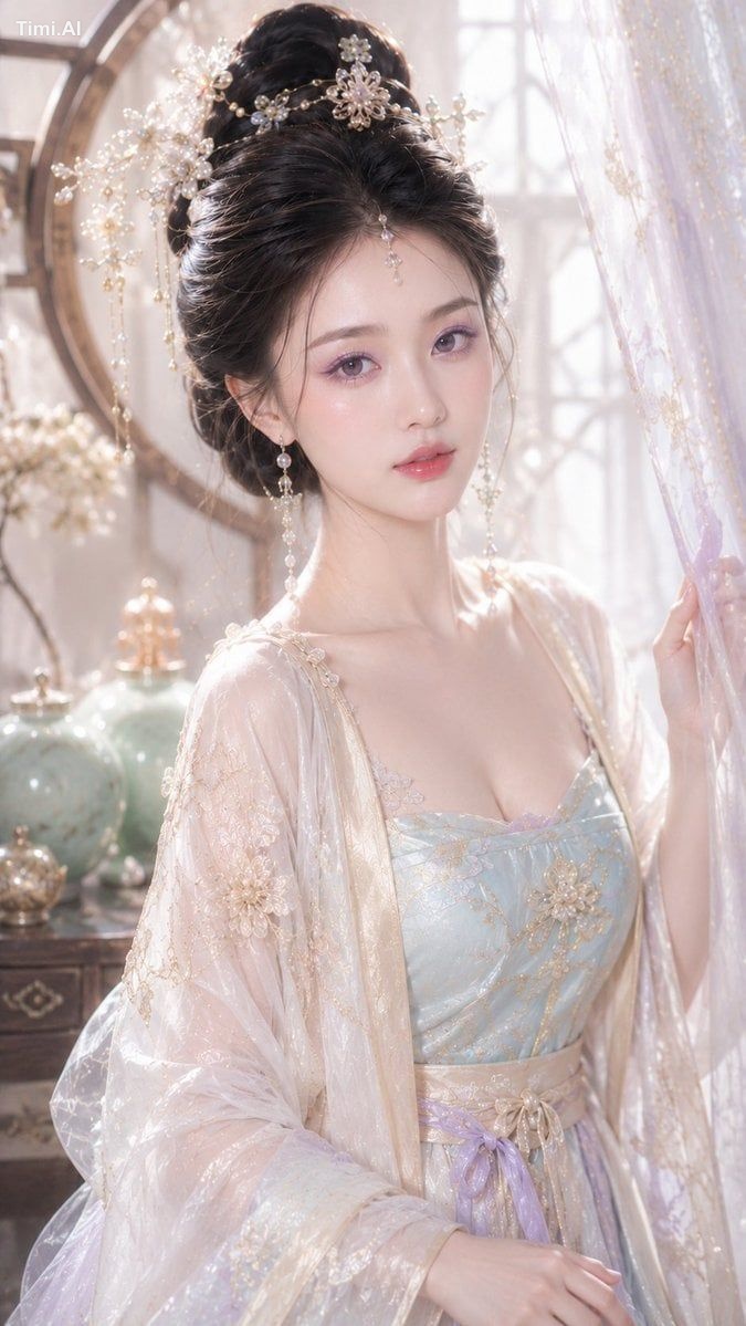 9:16 竖版，古风贵女梦幻水光妆写真，东方古风贵女美妆特写，胸像到腰部以上近景构图，正面轻侧身，人物身体轻微形成柔和 S 型轮廓，镜头距离较…