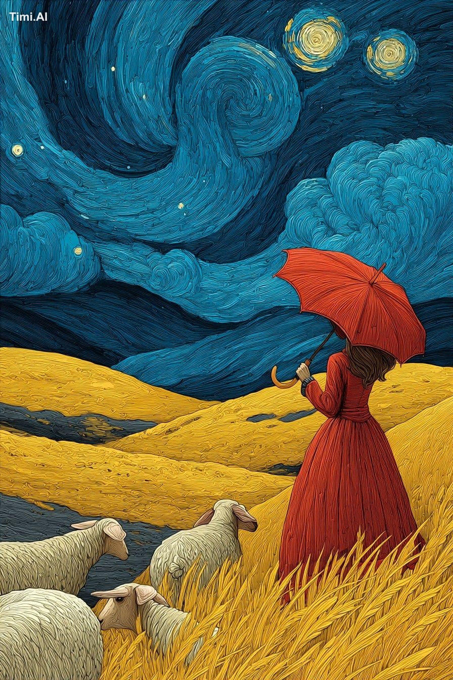 A girl in a red dress holding an umbrella stands next to sheep. The bac…