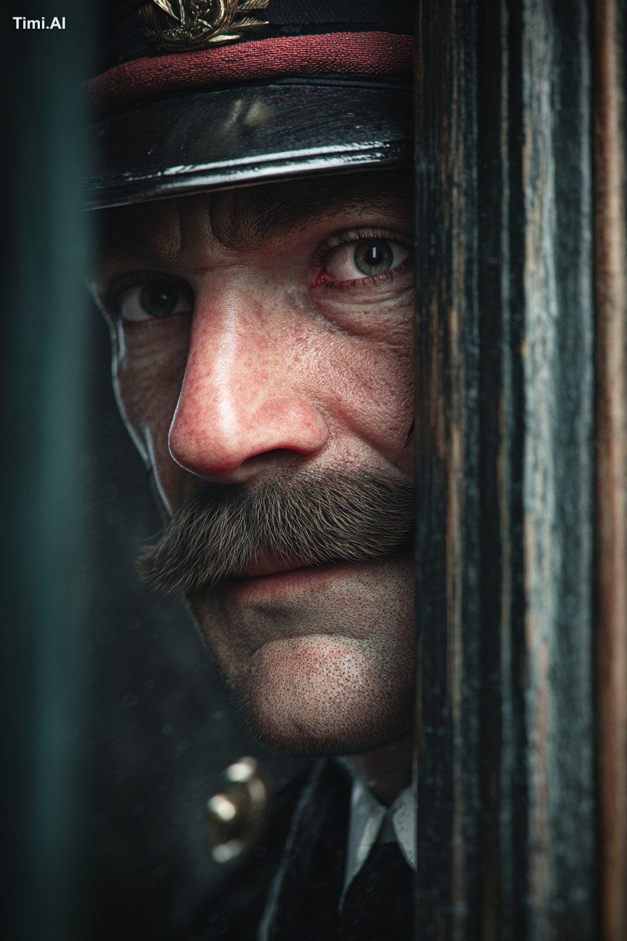 A cinematic, ultra-realistic shot of a man police detective in uniform,…