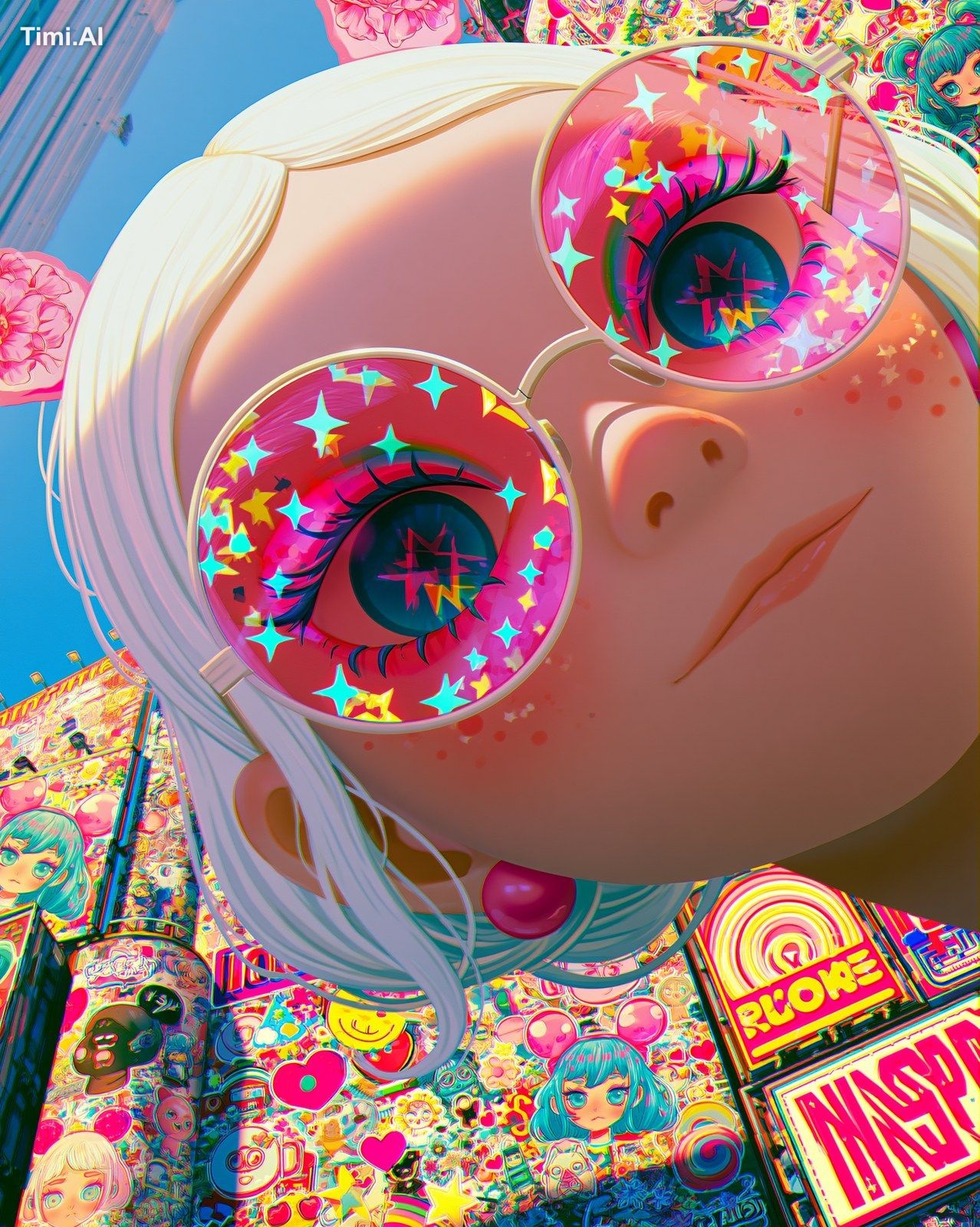 A close up of an anime girl with white hair and sunglasses, in the back…