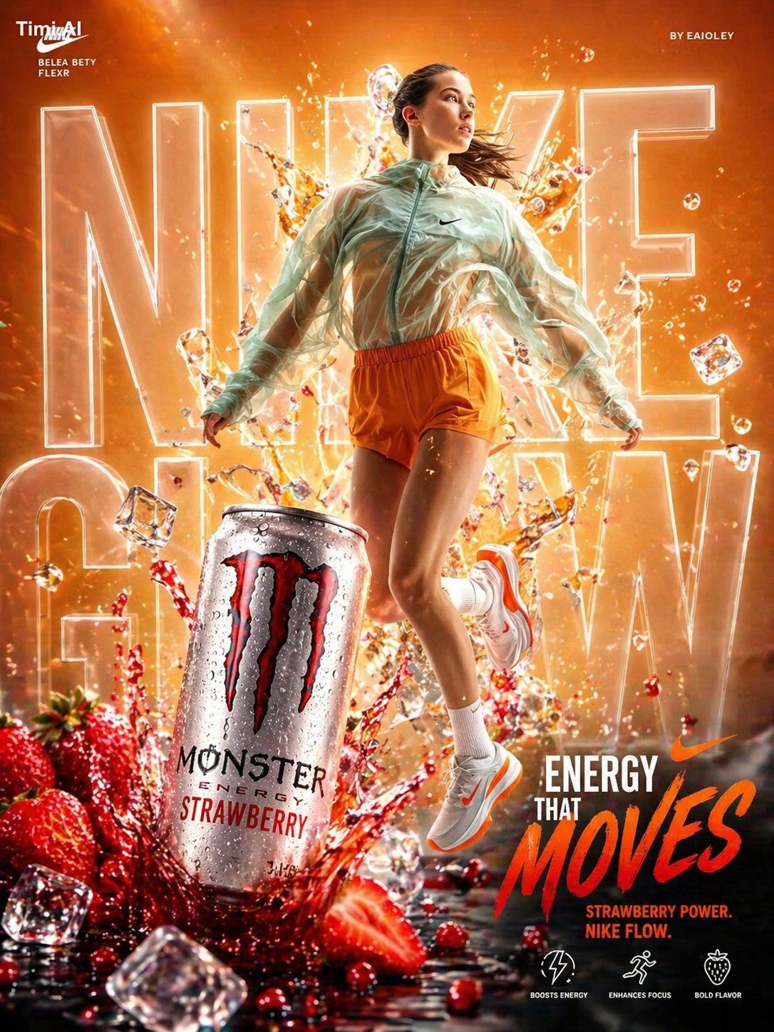 A hyper-realistic commercial advertisement blending energy drink and sp…