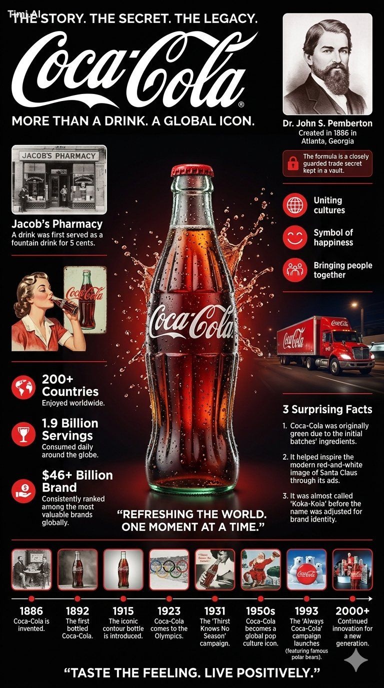 Create a cinematic infographic poster about Coca-Cola with a dark luxur…