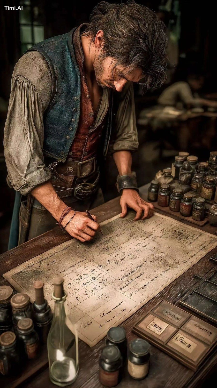 Cinematic shot of a Rothschild courier preparing a message inside a hid…