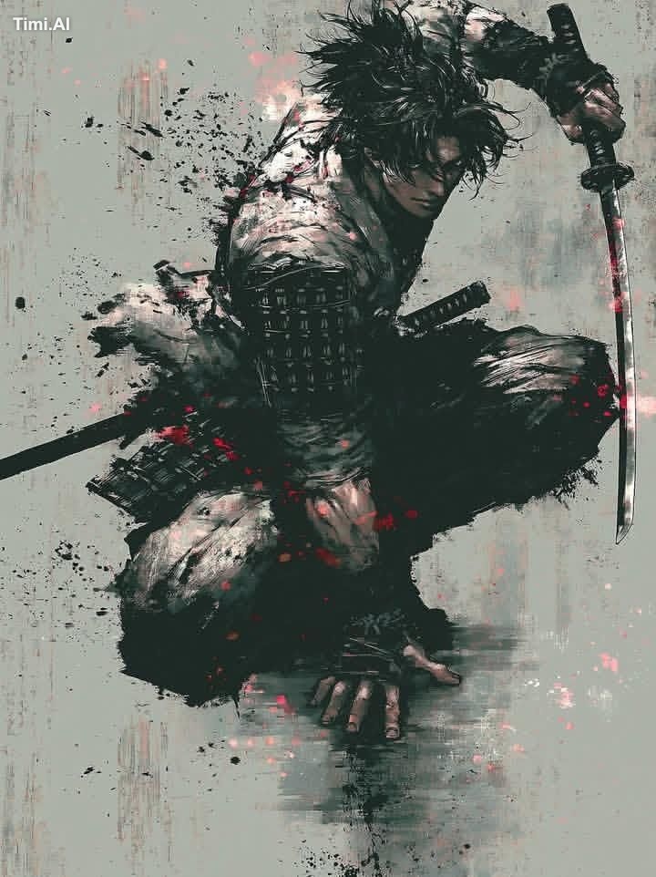 A lone samurai warrior in dynamic battle pose, messy spiky black hair p…