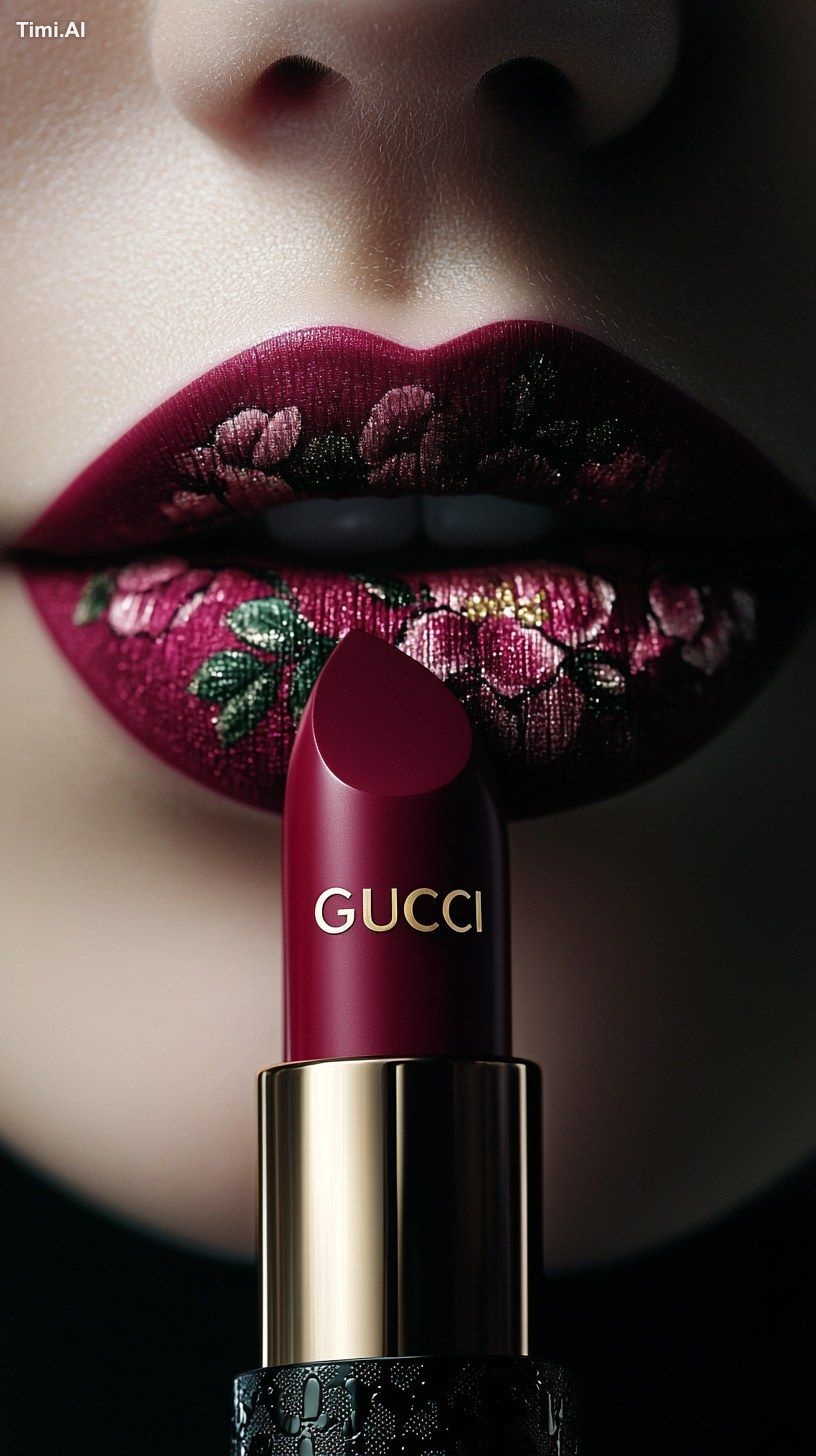 a pair of lips with a gucci flower pattern applied to them with a lipst…