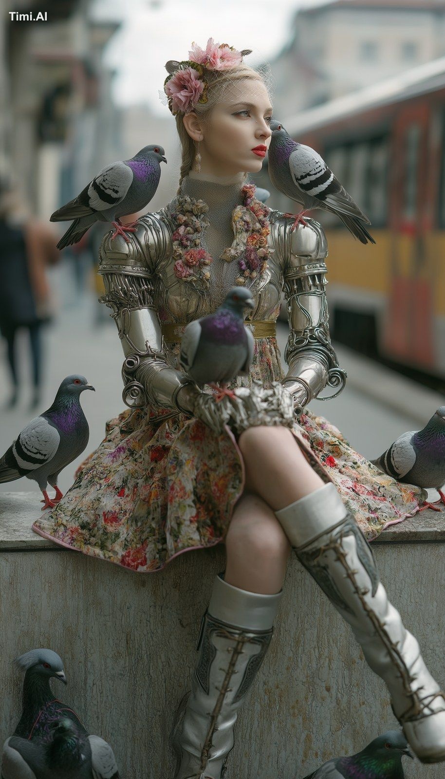cyborg girl with twenty Pigeon in City Milano ! lensed by Tim walker 8e…