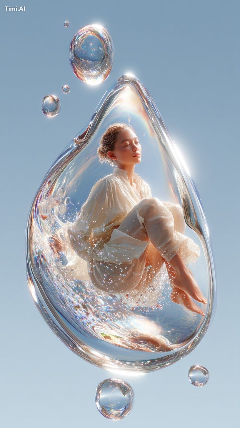 A hyper-realistic photograph of a giant, transparent water droplet floa…
