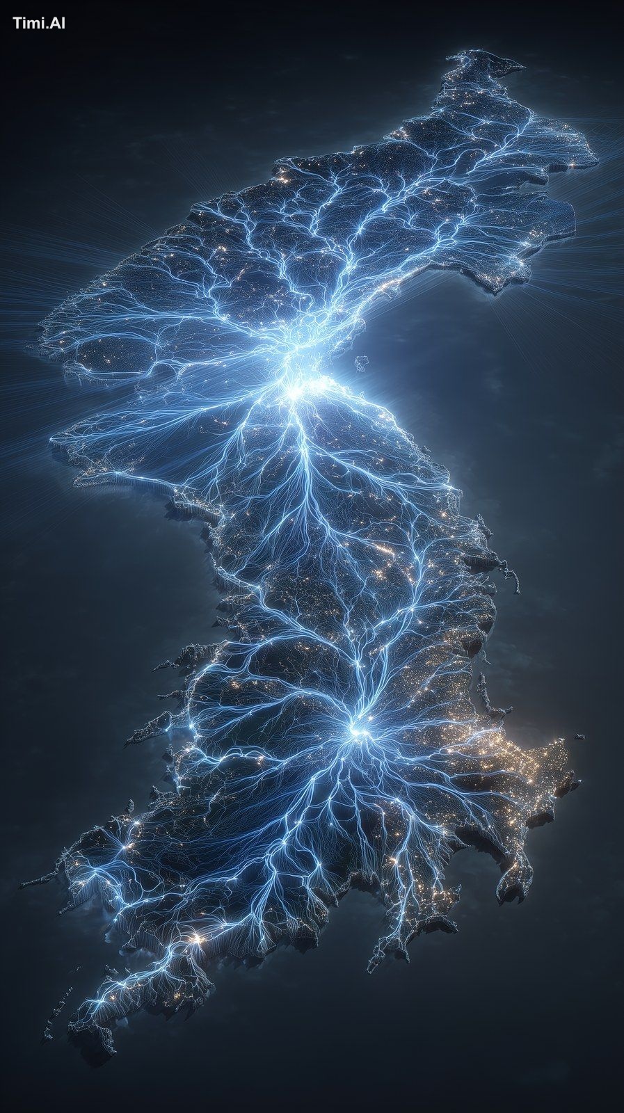 A hyper-realistic image of the Korean peninsula at night, with glowing …