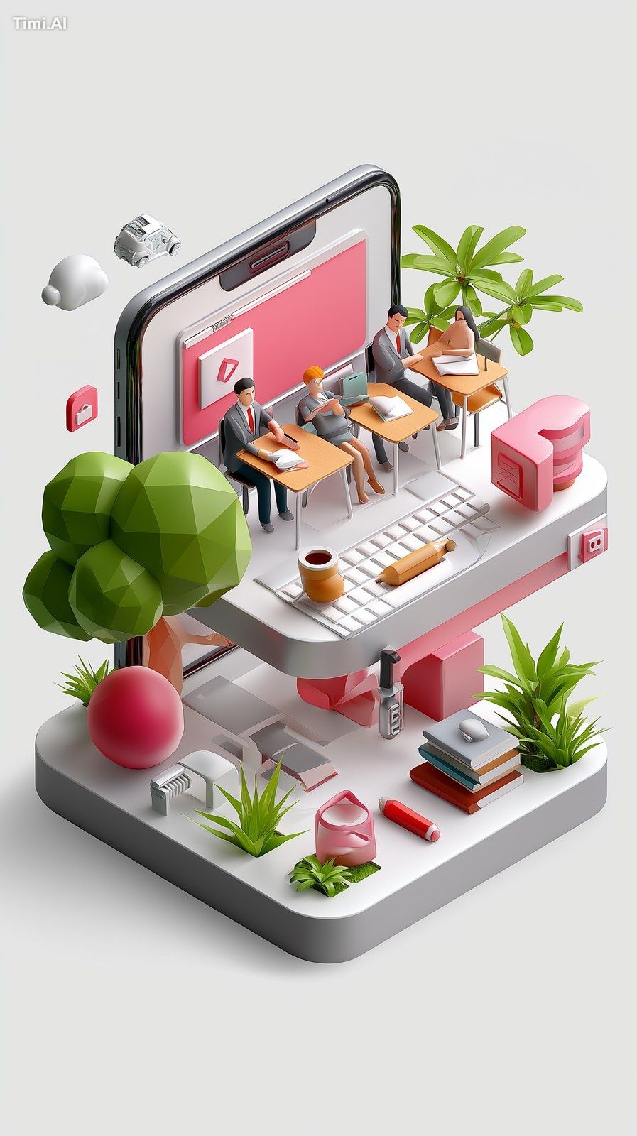 Hybrid learning environment, traditional and digital blend, 3D illustra…