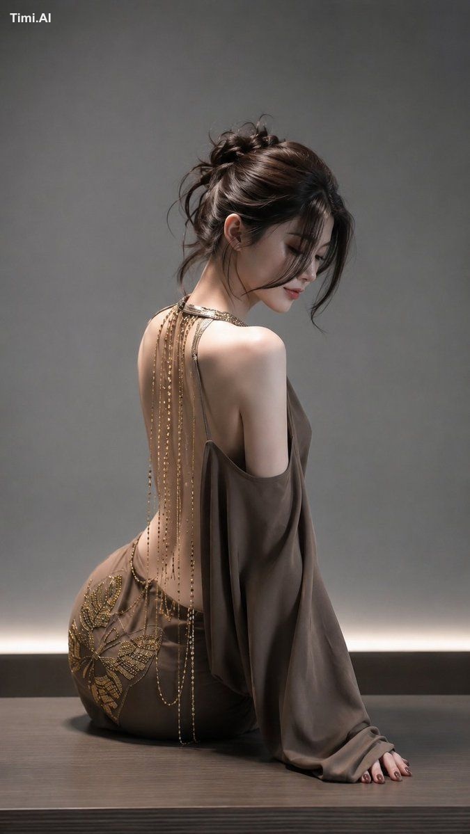 写实竖幅豪华时尚写真人像，沉郁极简棚拍场景。成年东亚女性，21岁以上，坐于深色木质平台上，身体背向镜头，头部轻柔从肩膀回转呈柔和侧面轮廓。略偏…
