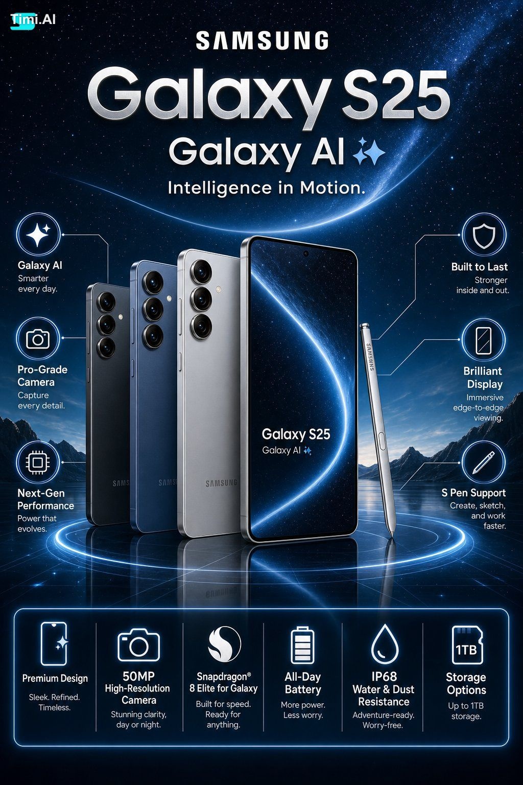 Create a premium futuristic infographic poster for Samsung Galaxy S25 i…