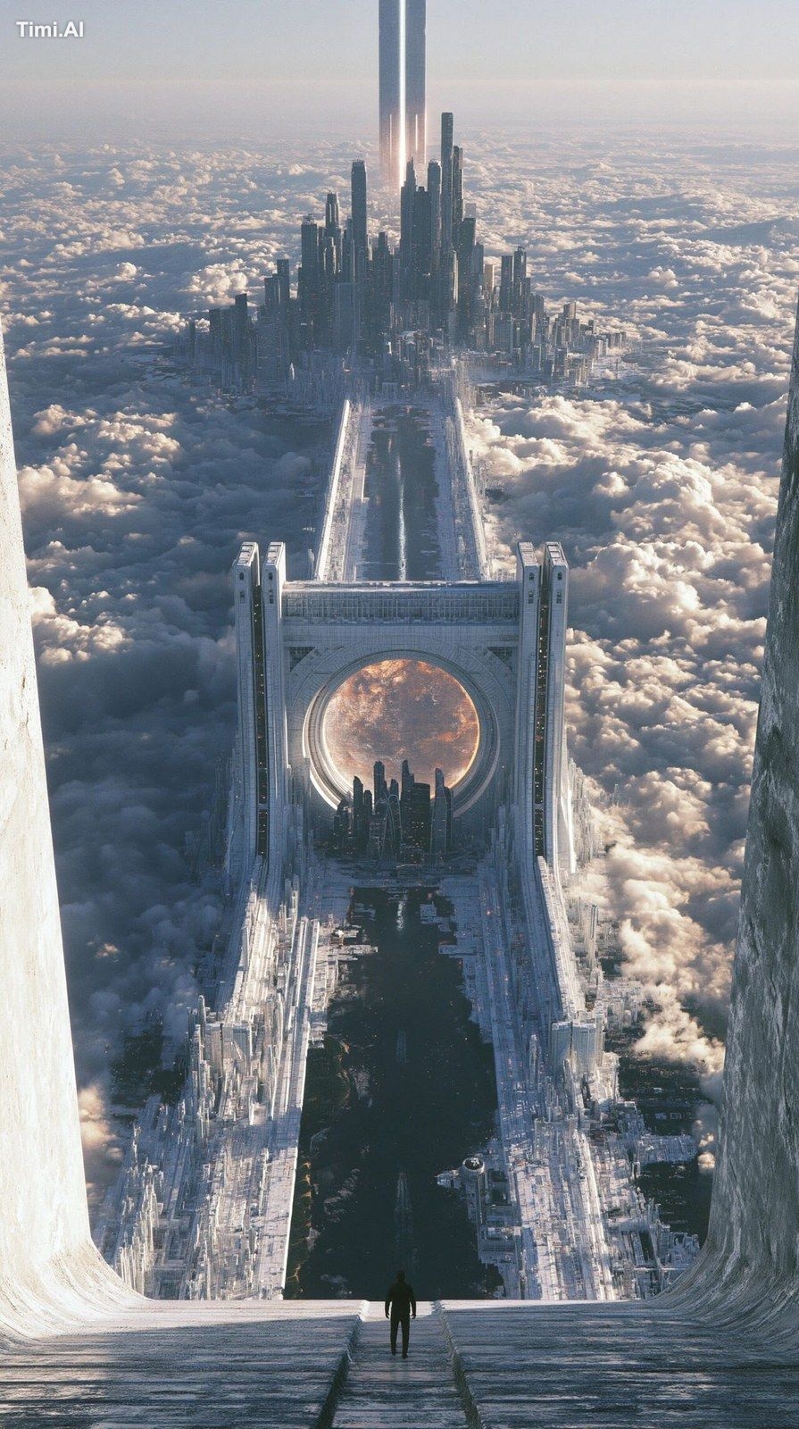 An epic, cinematic photograph. An epic vista reveals a Soviet retro-fut…